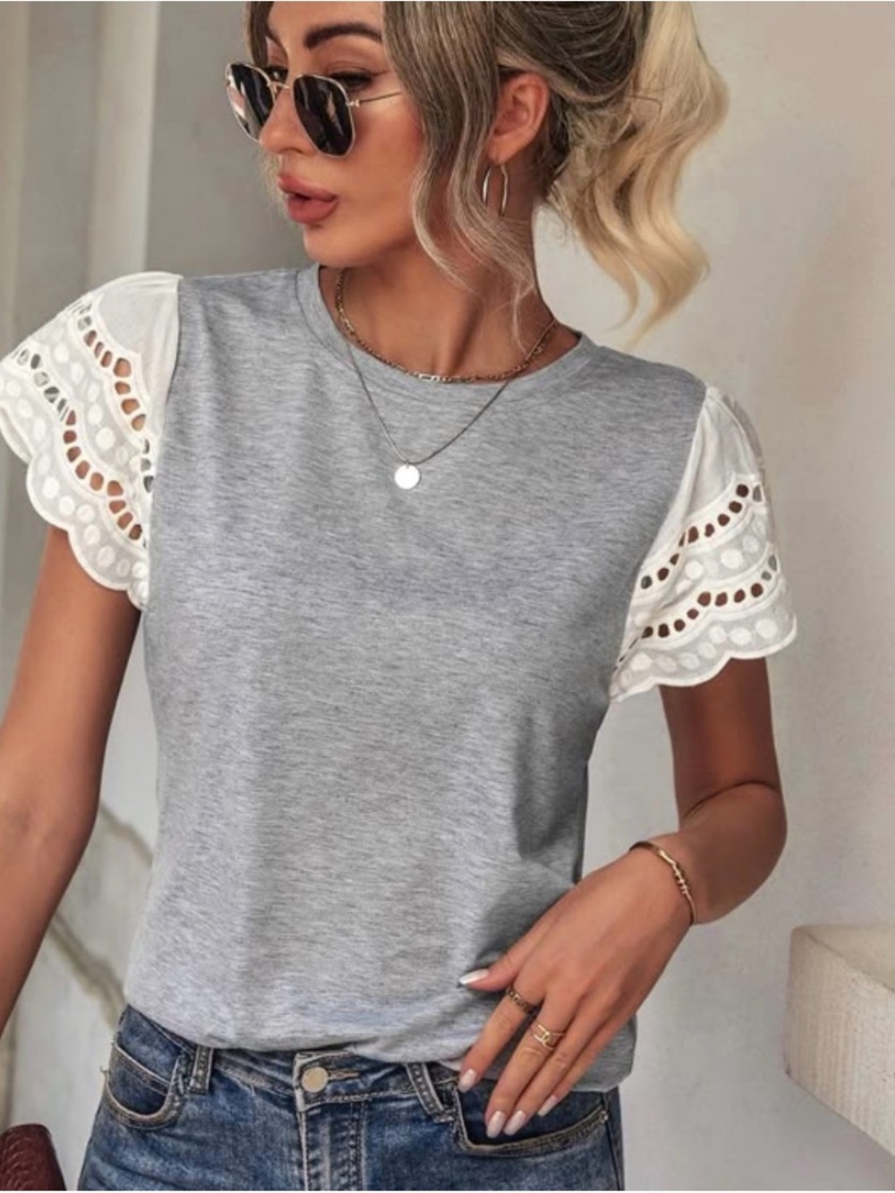 Ella moss  Grey Tee with White Eyelet Flutter Sleeves size S